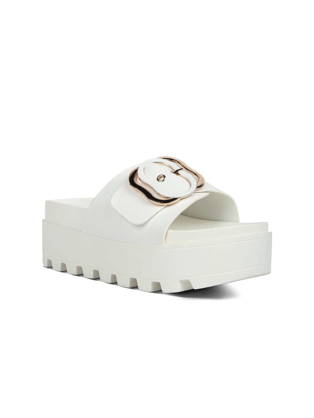 

London Rag Embellished Open Toe Flatform Heels With Buckle Detail, White