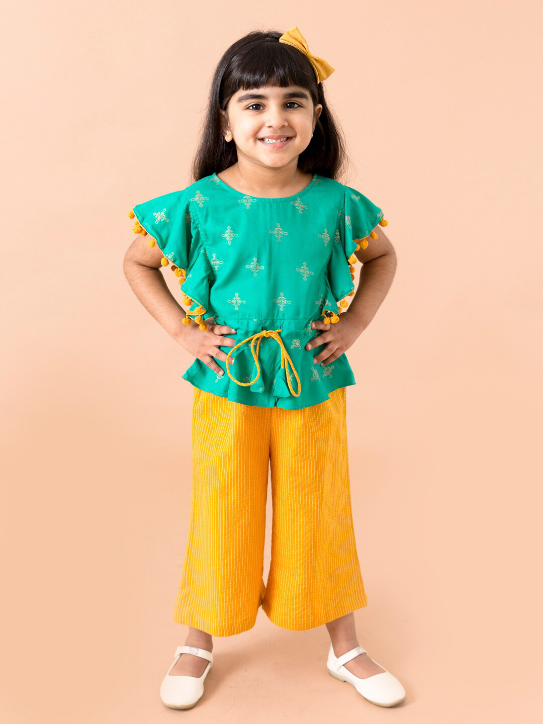 

pspeaches Girls Printed Pure Cotton Top with Palazzos, Sea green