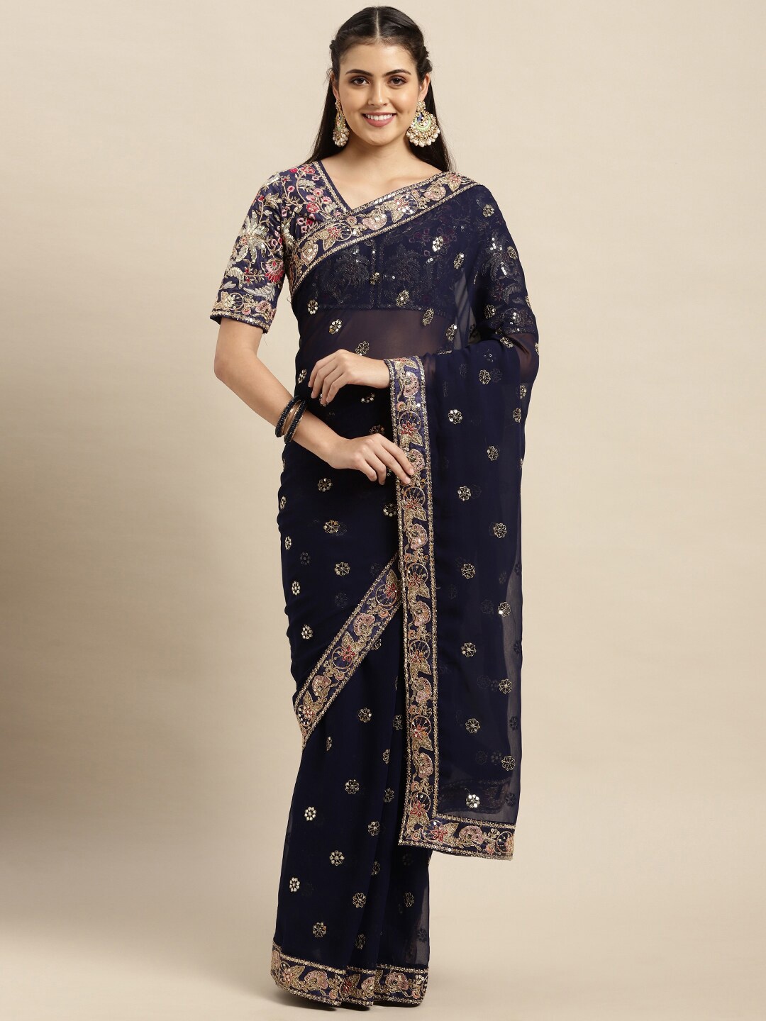 

VAIRAGEE Embroidered Sequinned Saree, Navy blue