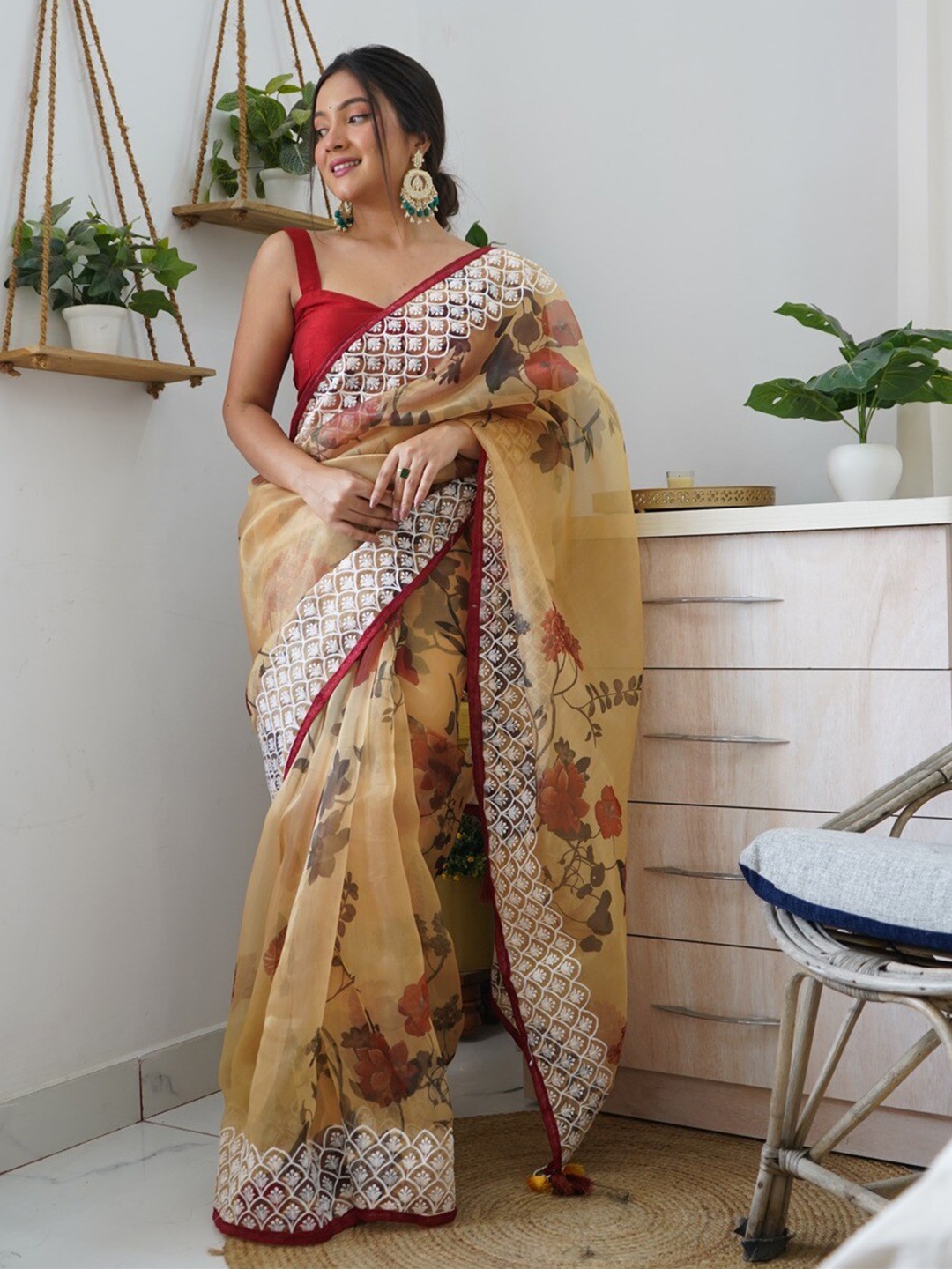 

Atulyam Tex World Floral Printed Chikankari Embroidered Organza Saree, Mustard