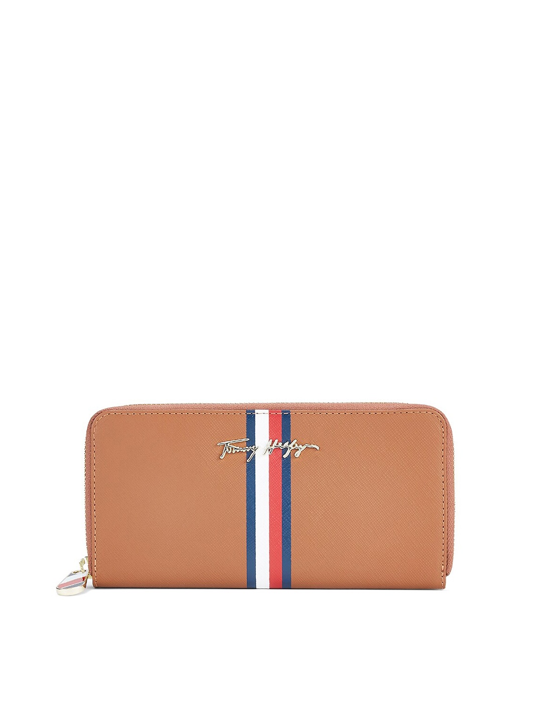 

Tommy Hilfiger Women Striped Zip Detail Leather Zip Around Wallet, Tan