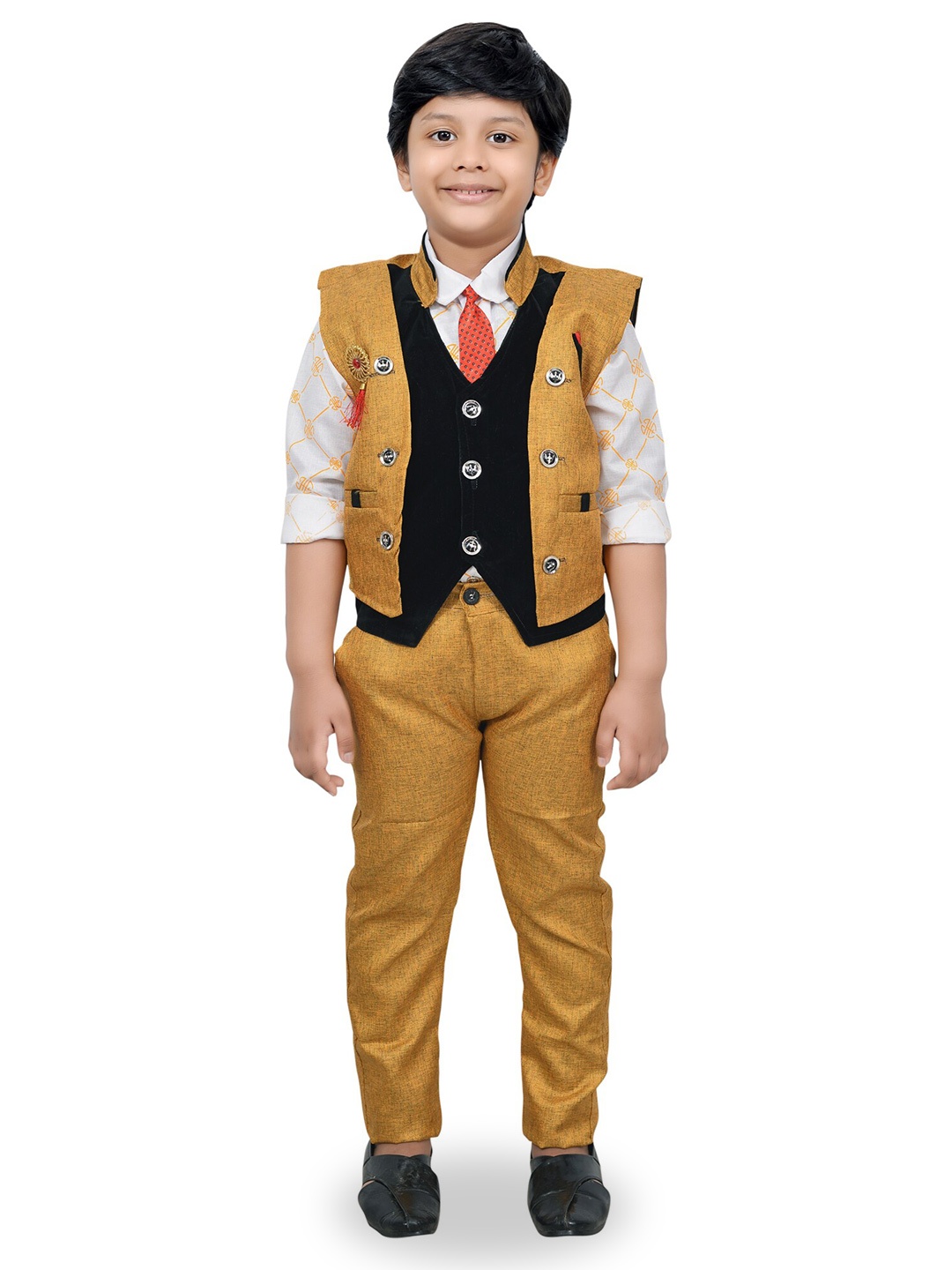 

KIDZAREA Boys Printed Shirt with Trousers & Waistcoat, Yellow