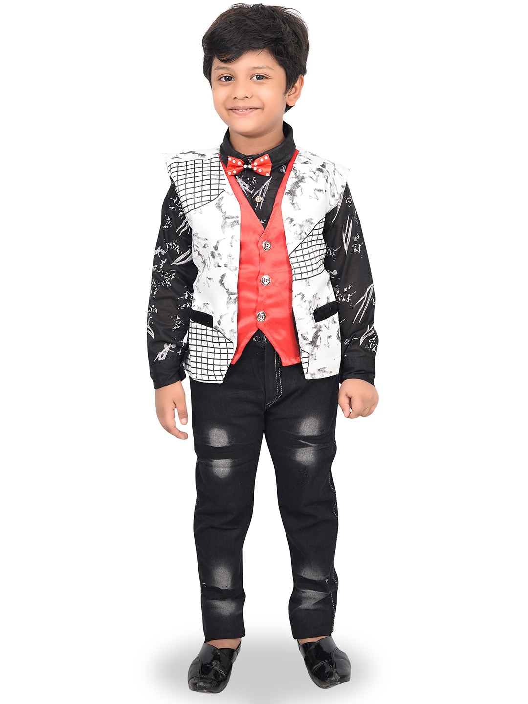 

KIDZAREA Boys Printed Shirt With Trousers & Waistcoat Set, Black