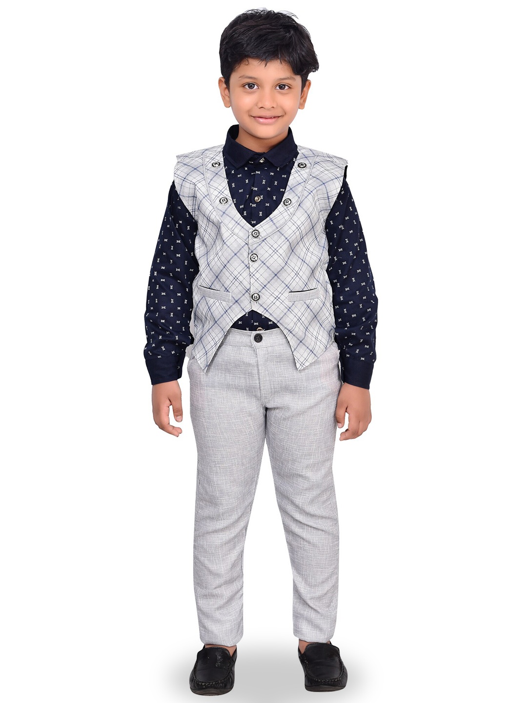 

KIDZAREA Boys Printed Shirt With Trousers & Waistcoat Set, Grey