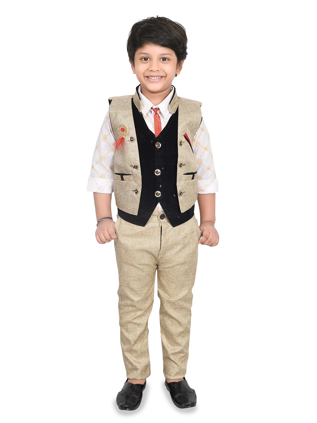 

KIDZAREA Boys Printed Shirt With Trousers & Waistcoat, Beige