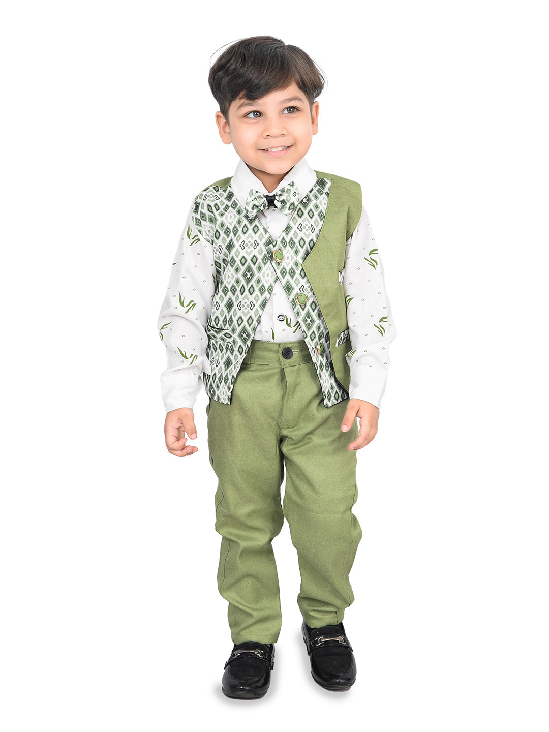 

KIDZAREA Boys Printed Shirt With Trousers & Waistcoat, Olive