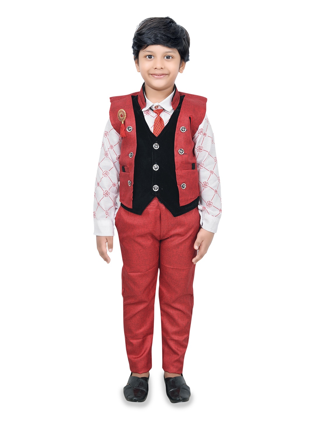 

KIDZAREA Boys Printed Shirt With Trousers & Waistcoat Set, Red