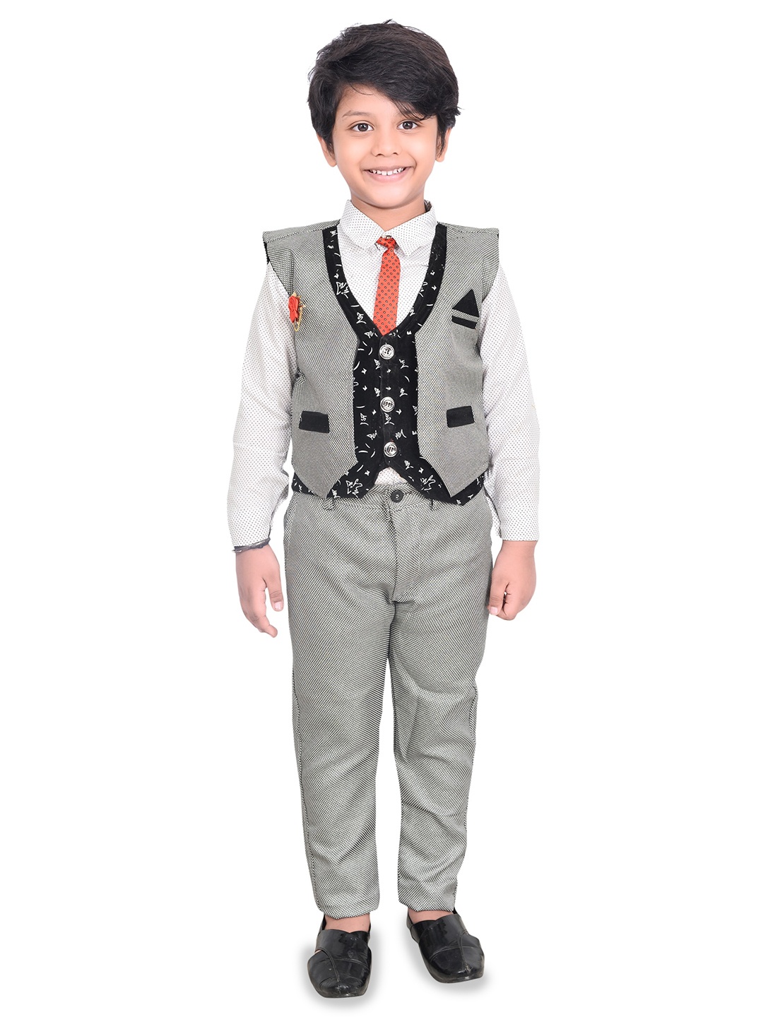 

KIDZAREA Boys Printed Shirt With Trousers & Waistcoat Set, Grey