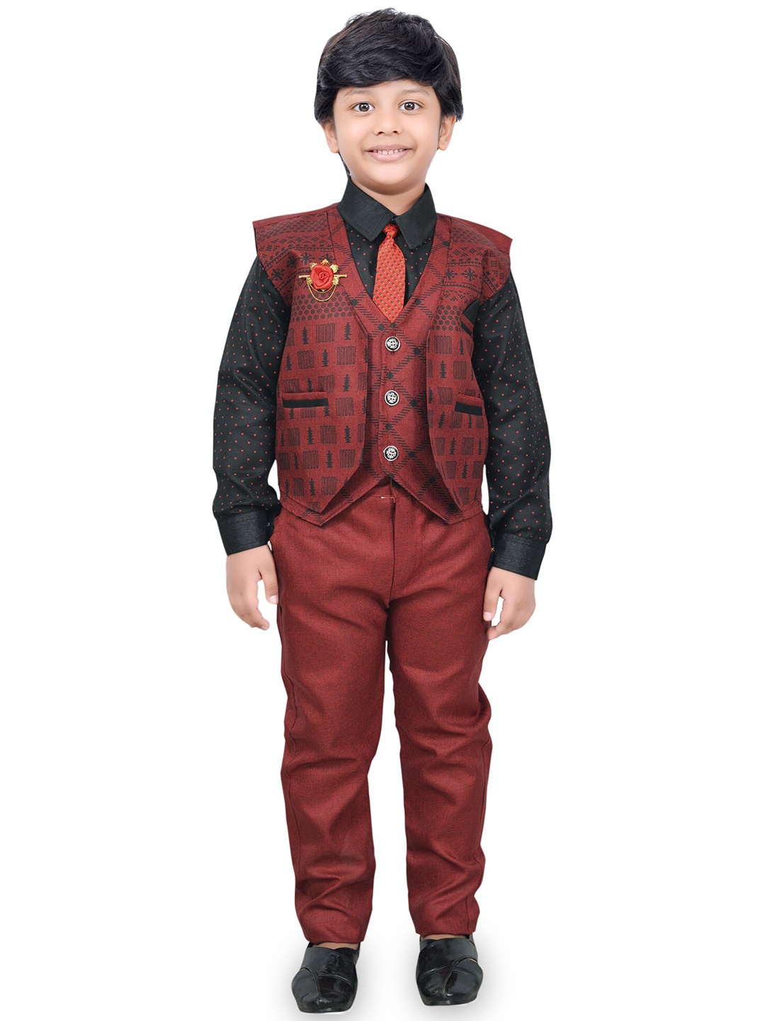 

KIDZAREA Boys Printed Shirt with Trousers & Waistcoat, Maroon