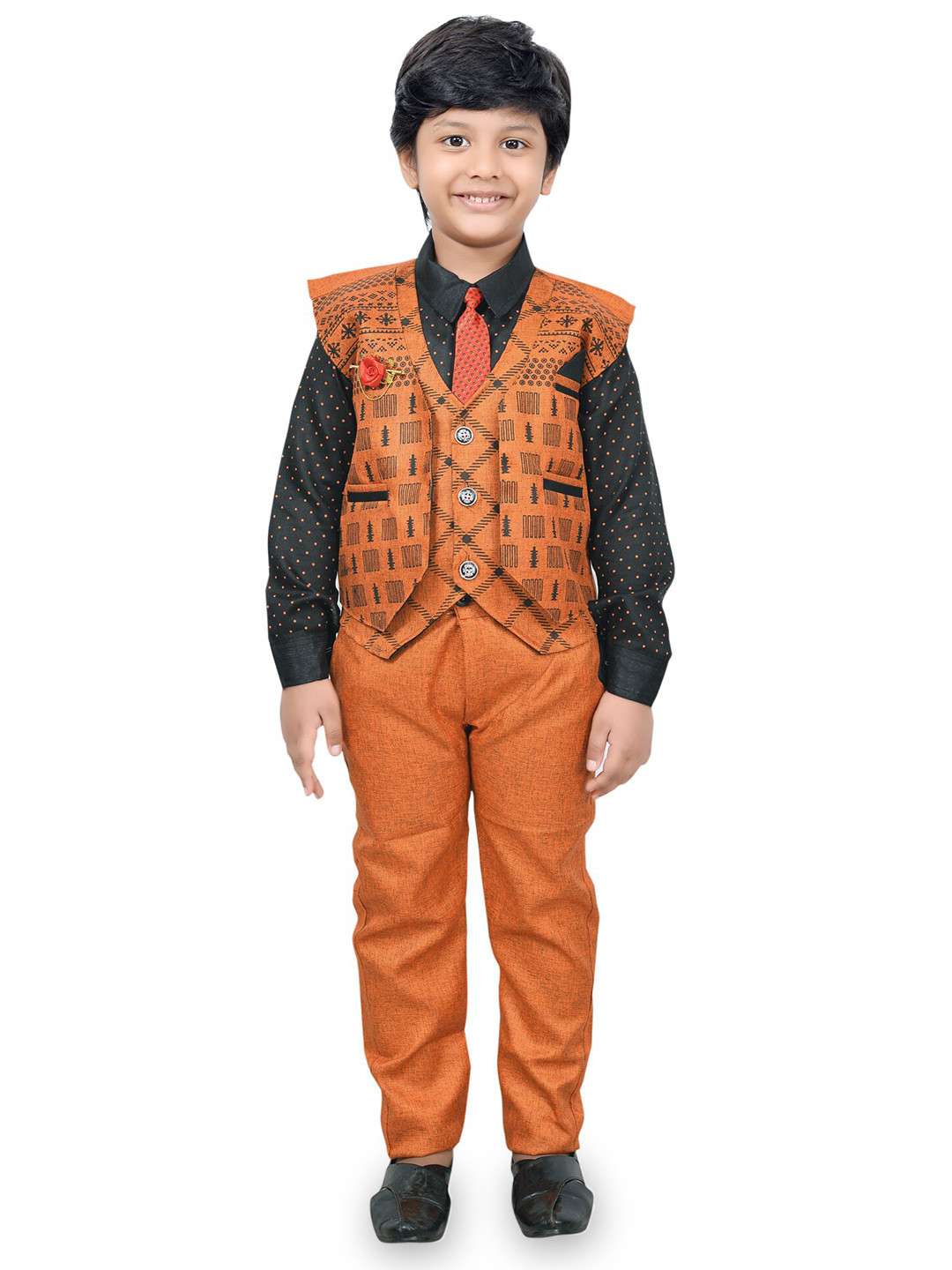 

KIDZAREA Boys Printed Shirt With Trousers & Waistcoat Set, Orange