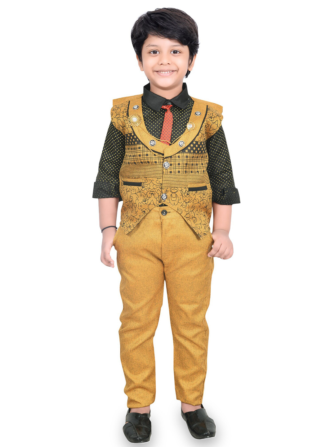 

KIDZAREA Boys Printed Shirt With Trousers & Waistcoat, Yellow