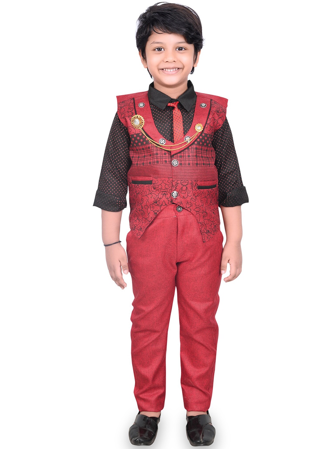 

KIDZAREA Boys Printed Shirt With Trousers & Waistcoat Set, Red