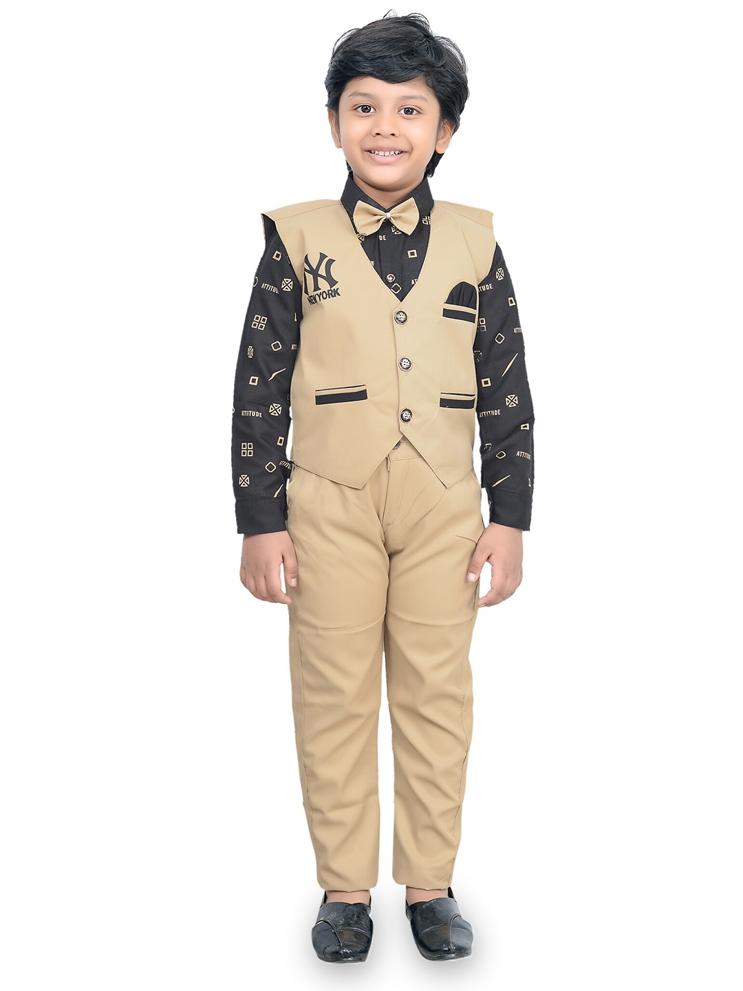 

KIDZAREA Boys Printed Shirt With Trousers & Waistcoat, Beige