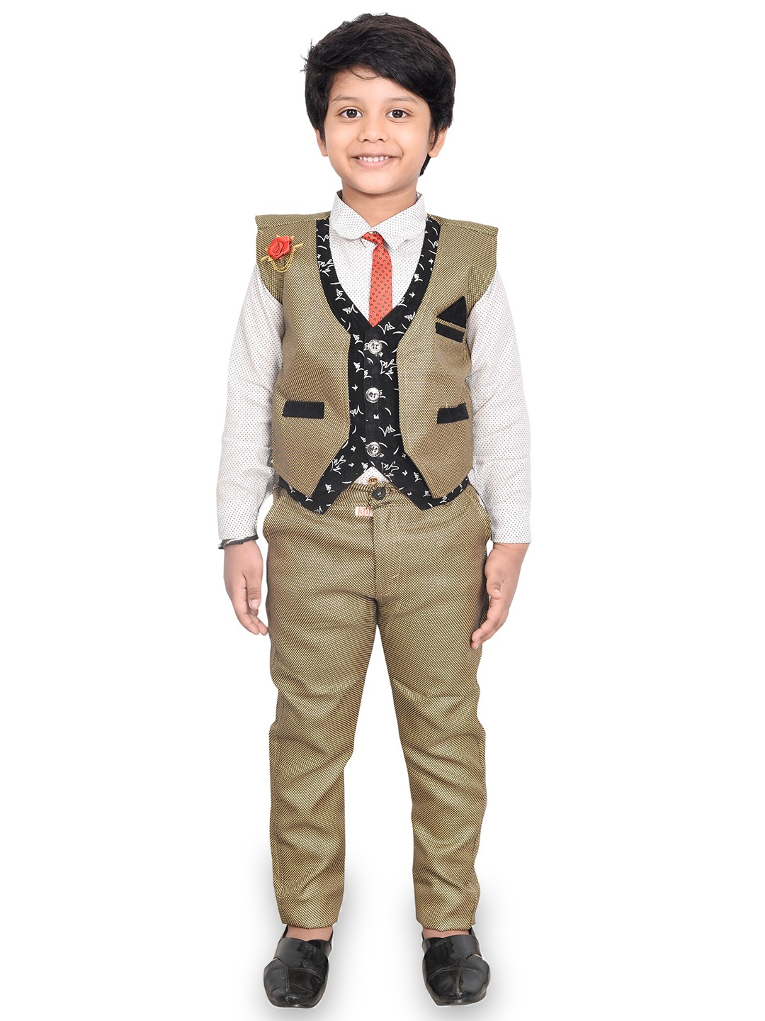 

KIDZAREA Boys Printed Shirt With Trousers & Waistcoat, Khaki