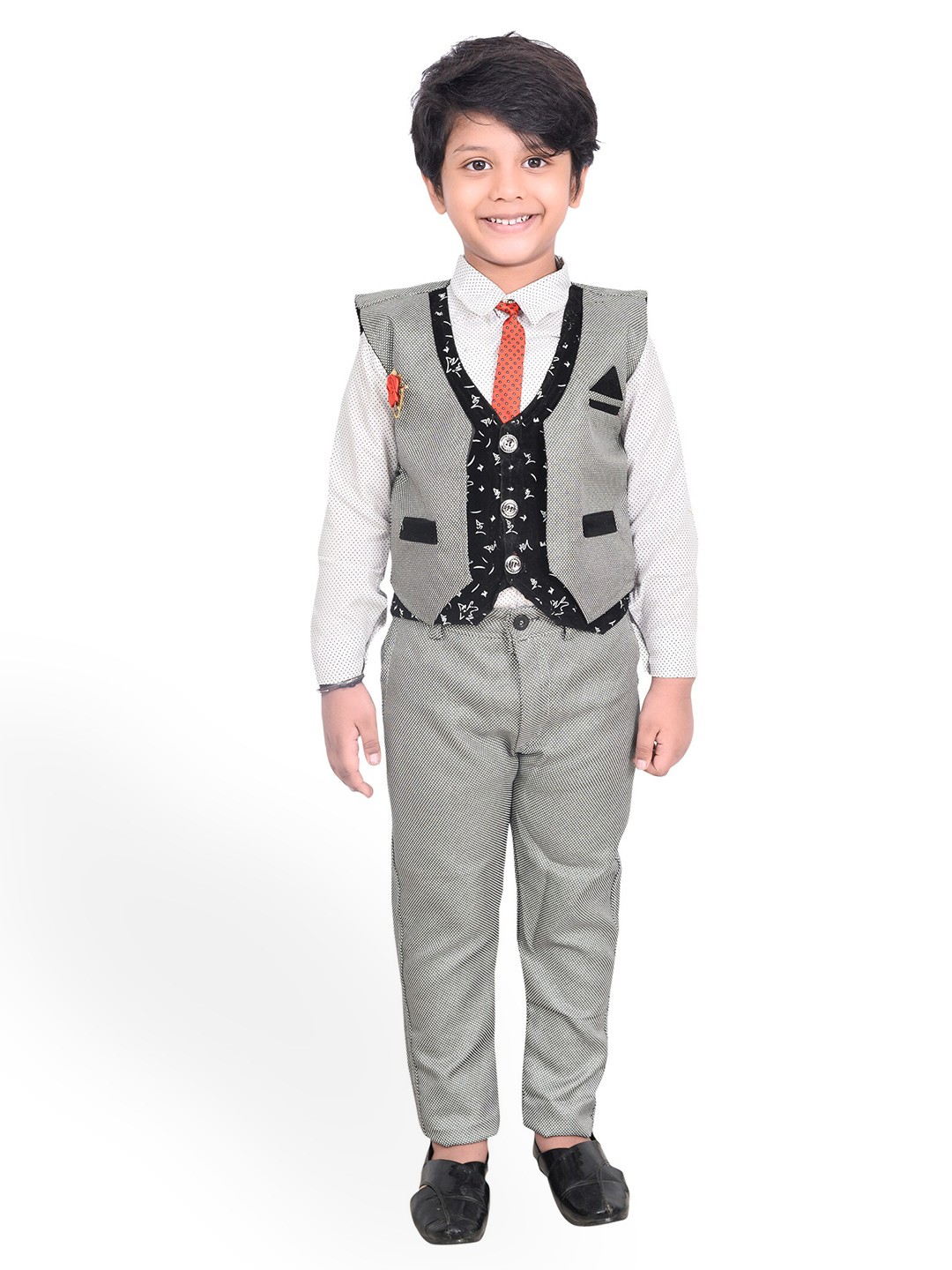 

KIDZAREA Boys Printed Shirt With Trousers & Waistcoat, Grey