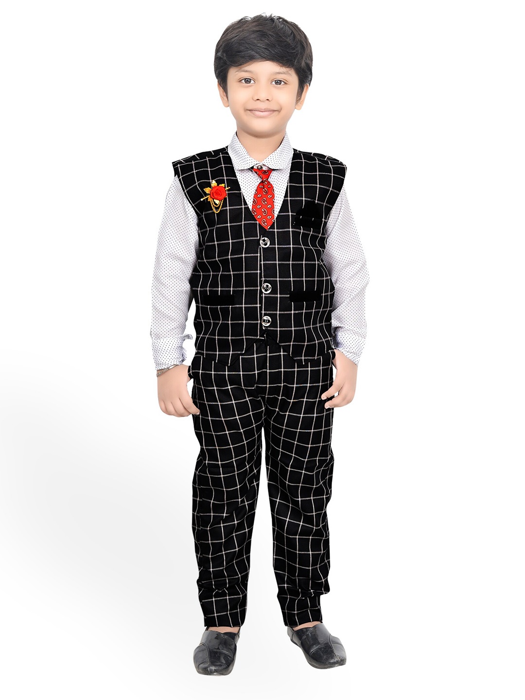 

KIDZAREA Boys Printed Shirt With Trousers & Waistcoat, Black