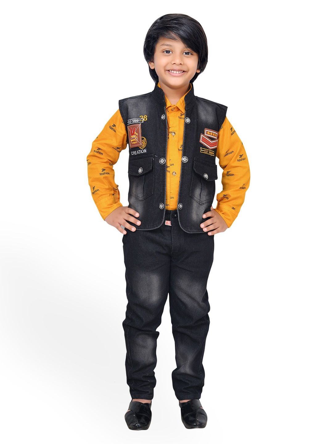 

KIDZAREA Boys Printed Shirt with Trousers & Jacket, Yellow