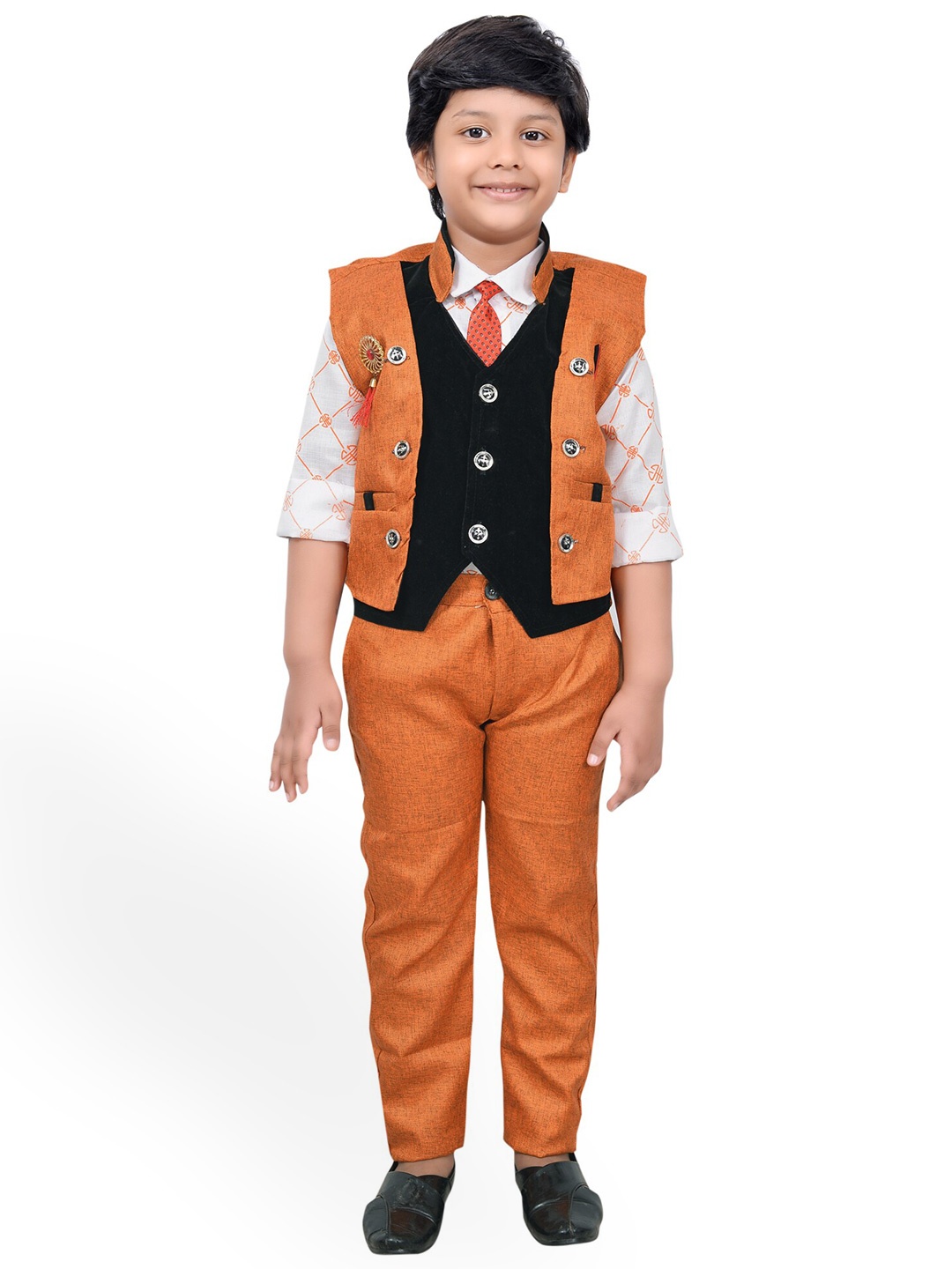 

KIDZAREA Boys Printed Shirt With Trousers & Waistcoat, Orange