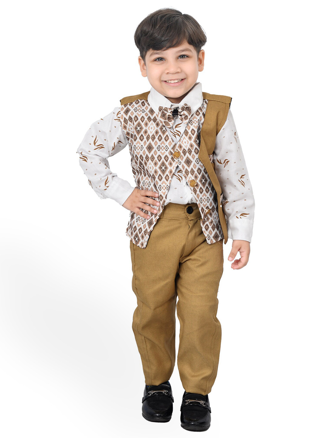 

KIDZAREA Boys Printed Shirt with Trousers & Waistcoat, Brown