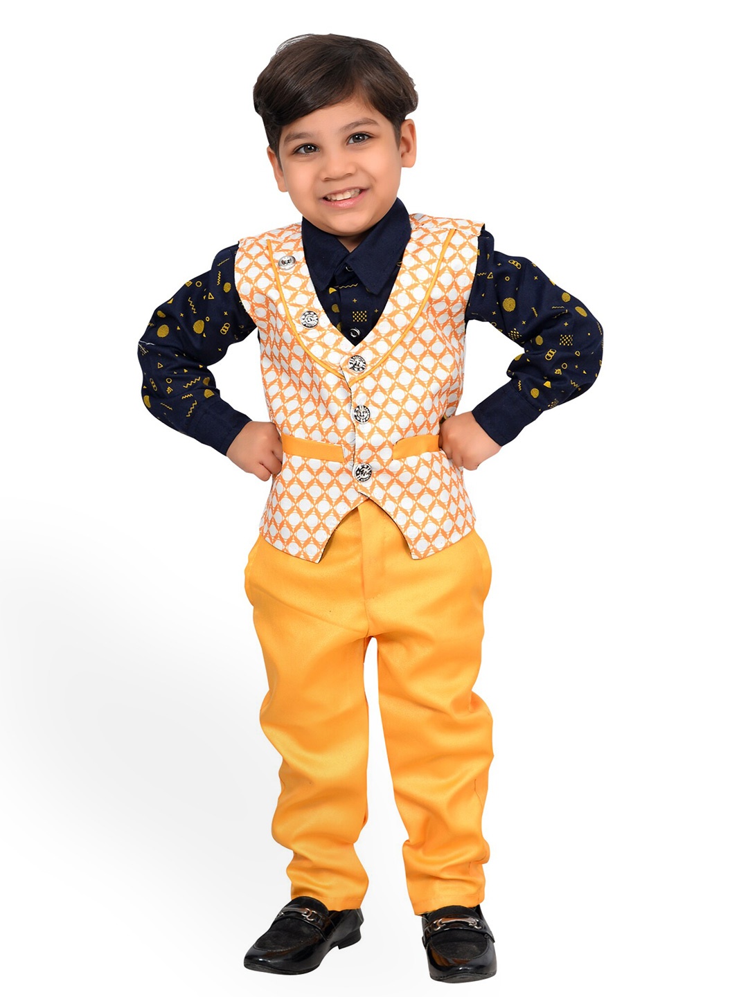 

KIDZAREA Boys Printed Shirt With Trousers & Waistcoat, Yellow