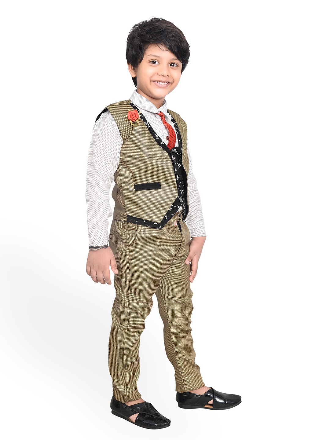 

KIDZAREA Boys Printed Shirt with Trousers & Waistcoat, Khaki