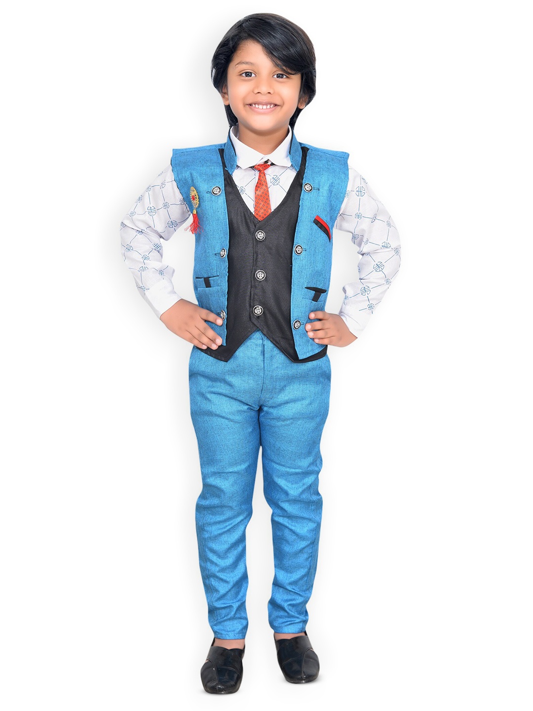 

KIDZAREA Boys Printed Shirt With Trousers & Waistcoat, Blue