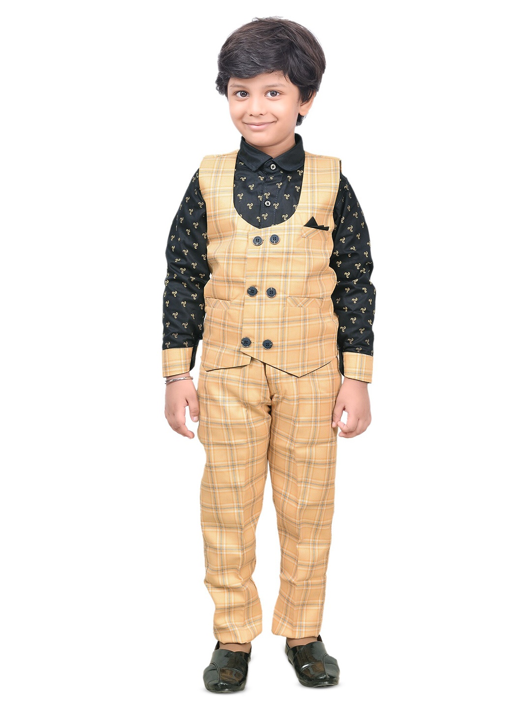 

KIDZAREA Boys Printed Shirt with Trousers & Waistcoat, Yellow