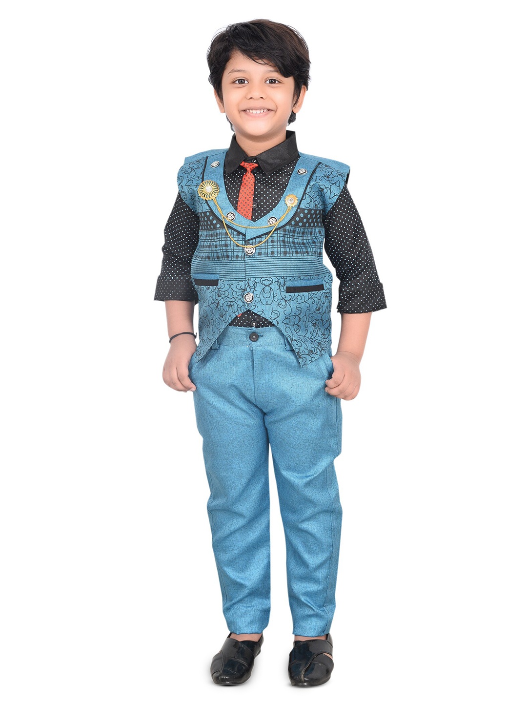 

KIDZAREA Boys Printed Shirt with Trousers & Waistcoat, Blue