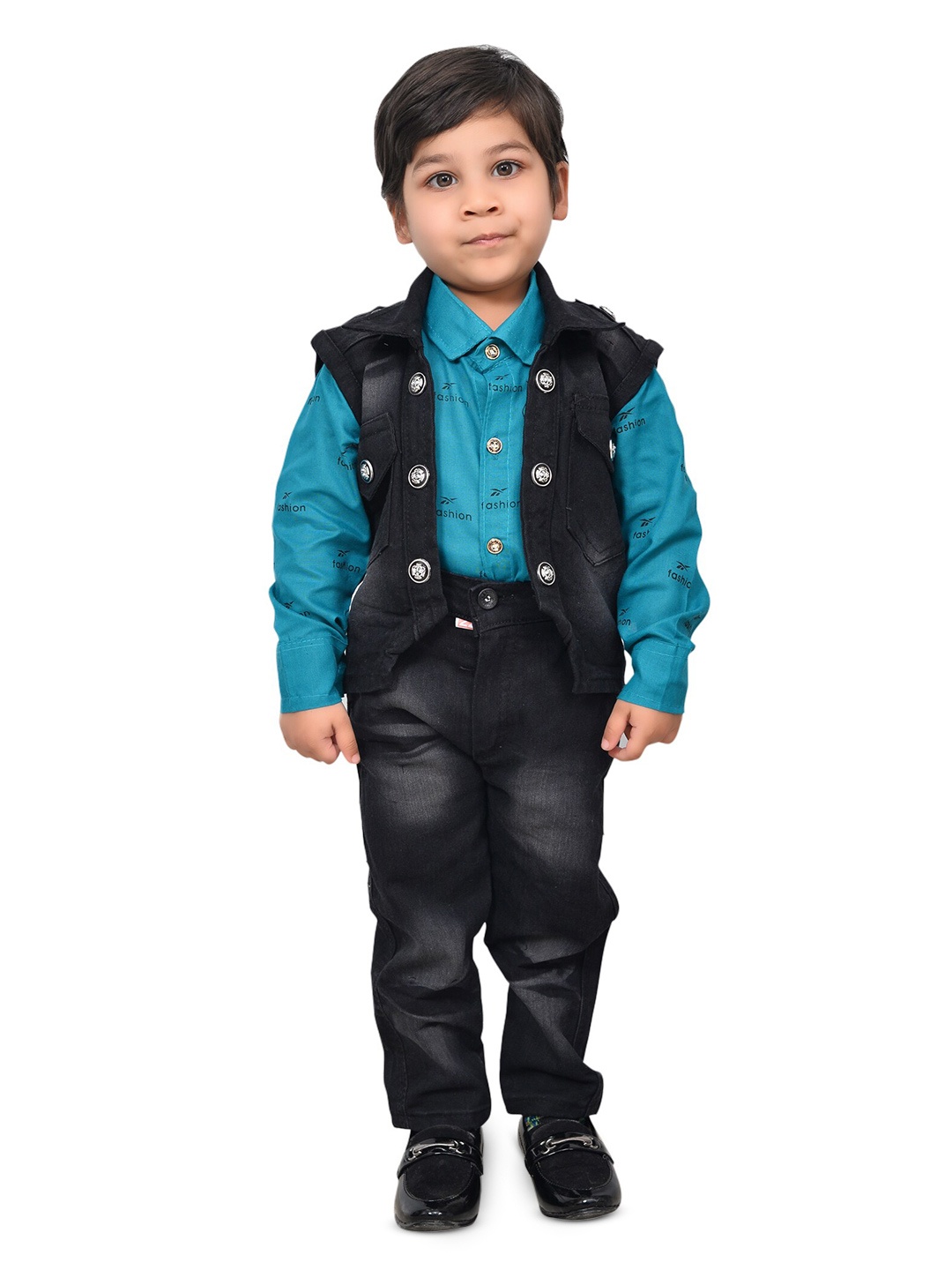 

KIDZAREA Boys Printed Shirt with Trousers & Jacket, Turquoise blue