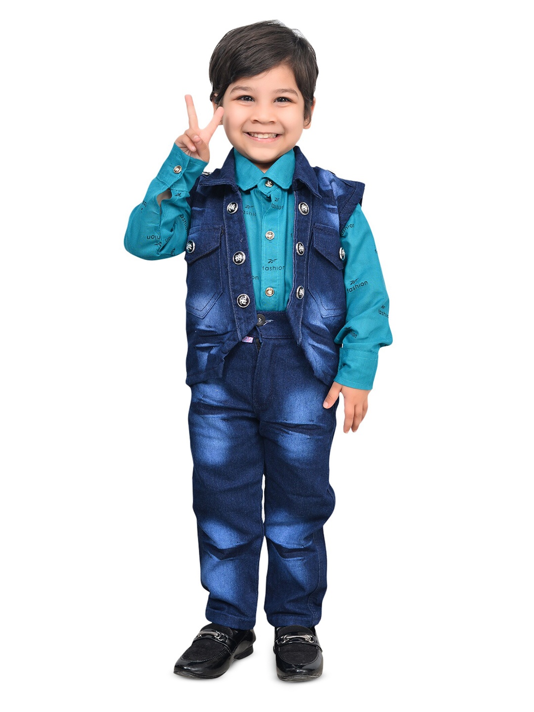 

KIDZAREA Boys Printed Shirt with Trousers & Jacket, Blue