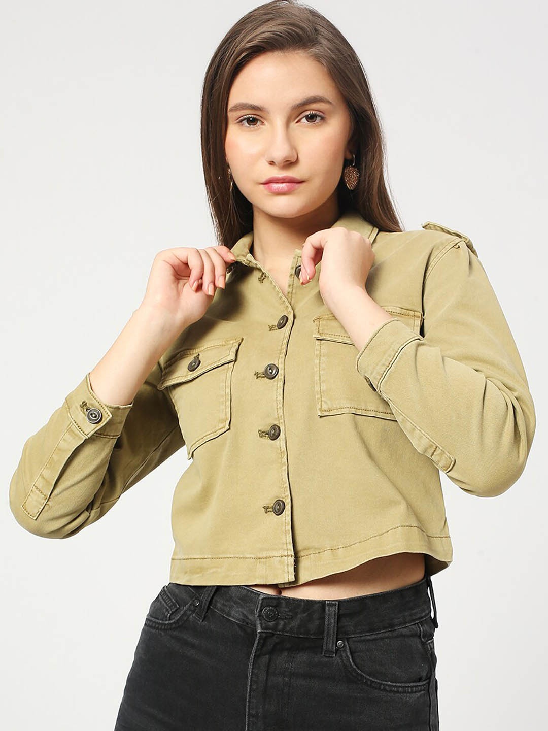 

LOVEGEN Spread Collar Crop Denim Jacket, Olive