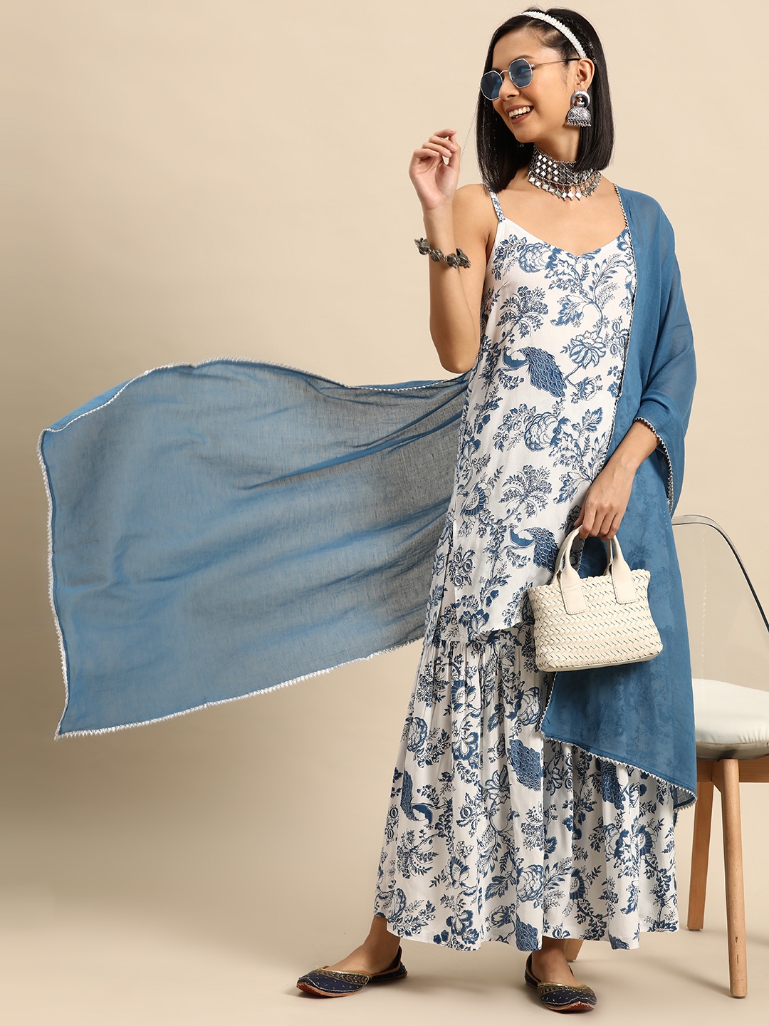 

Sangria Floral Printed Regular Kurta With Sharara & Dupatta, White