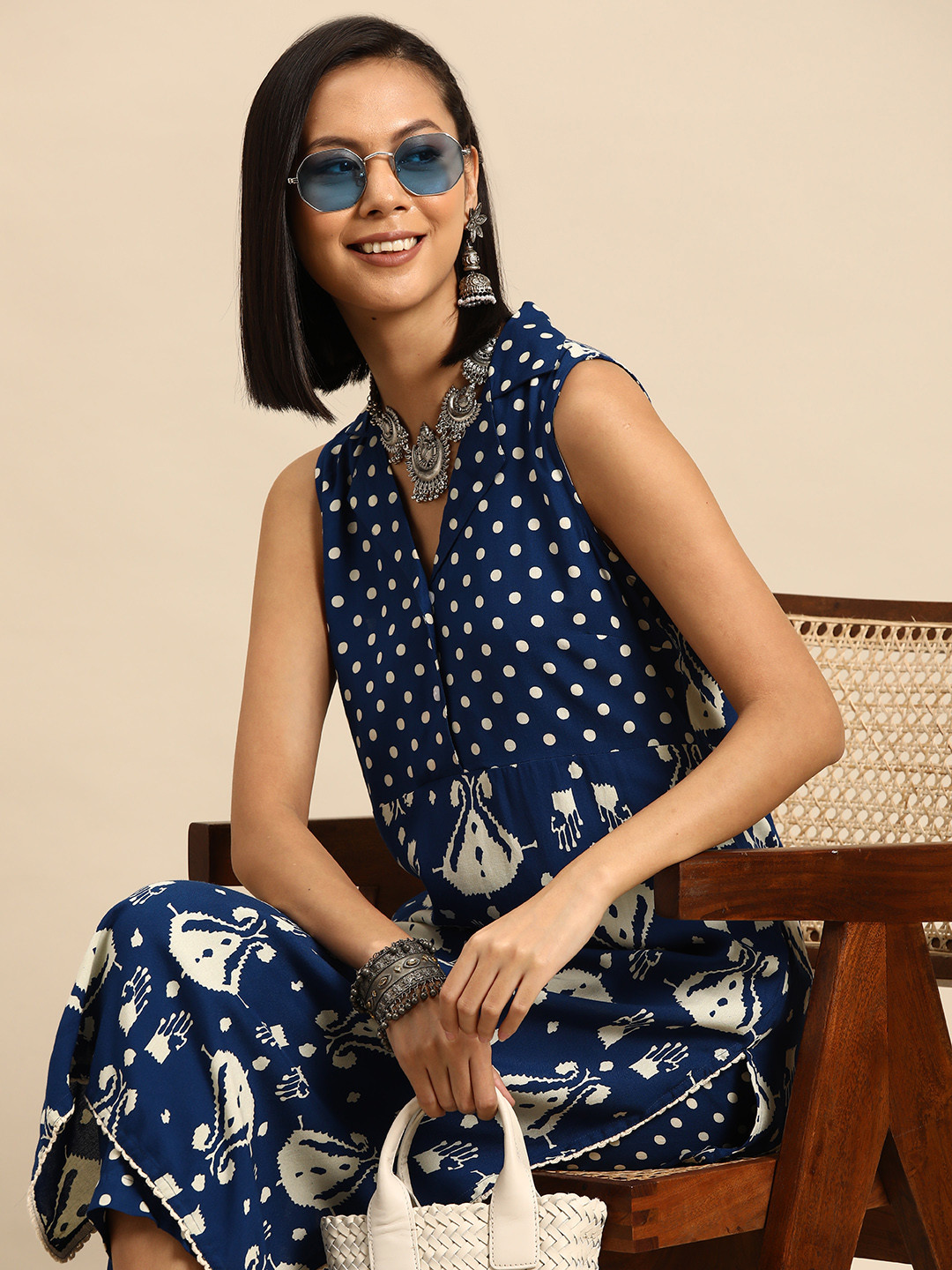 

Sangria Polka Dot Printed Regular Kurta with Trousers, Blue