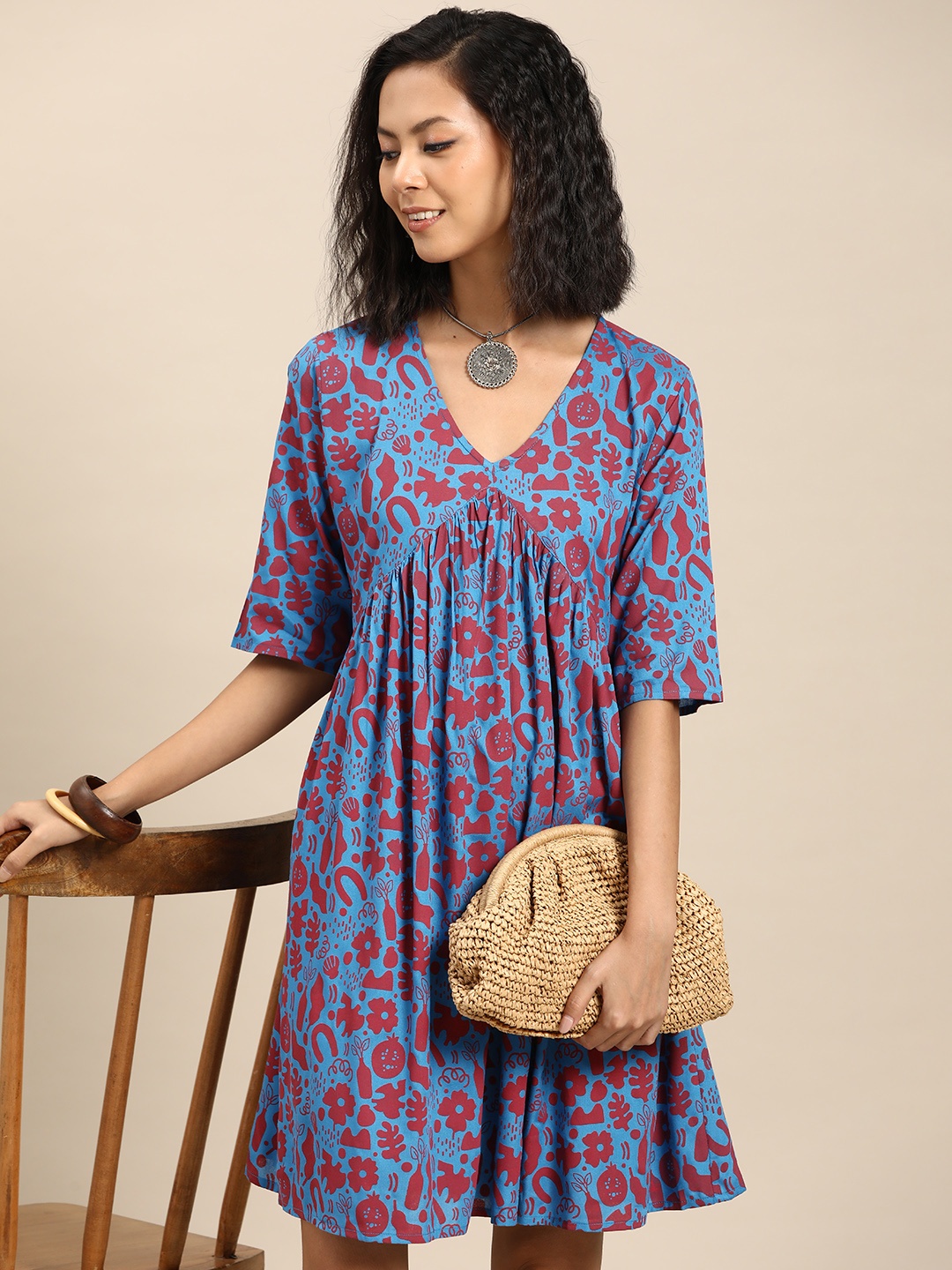 

Sangria Floral Printed Empire Midi Dress, Blue