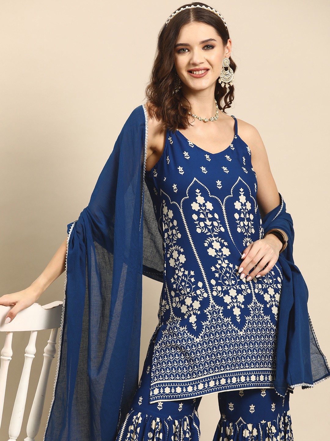 

Sangria Ethnic Motifs Print Kurta with Sharara & Dupatta, Blue