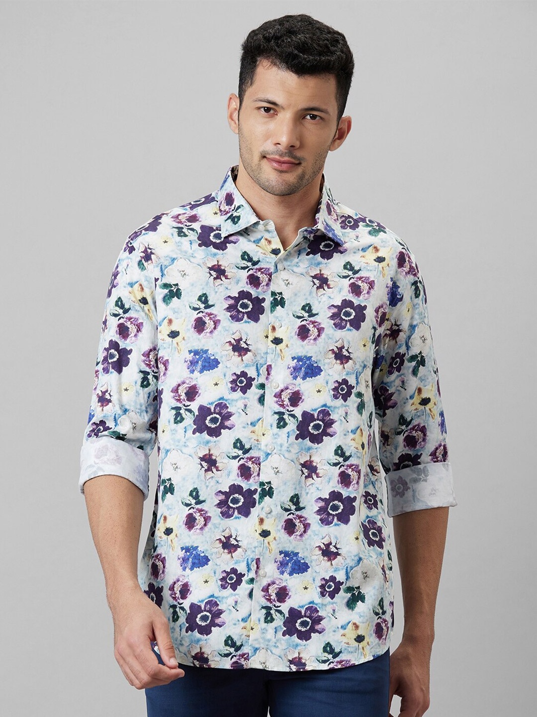 

WHITE HANGER Floral Printed Opaque Casual Cotton Shirt, Blue