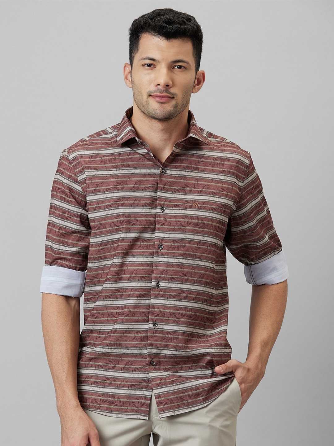 

WHITE HANGER Horizontal Striped Cotton Linen Shirt, Tan