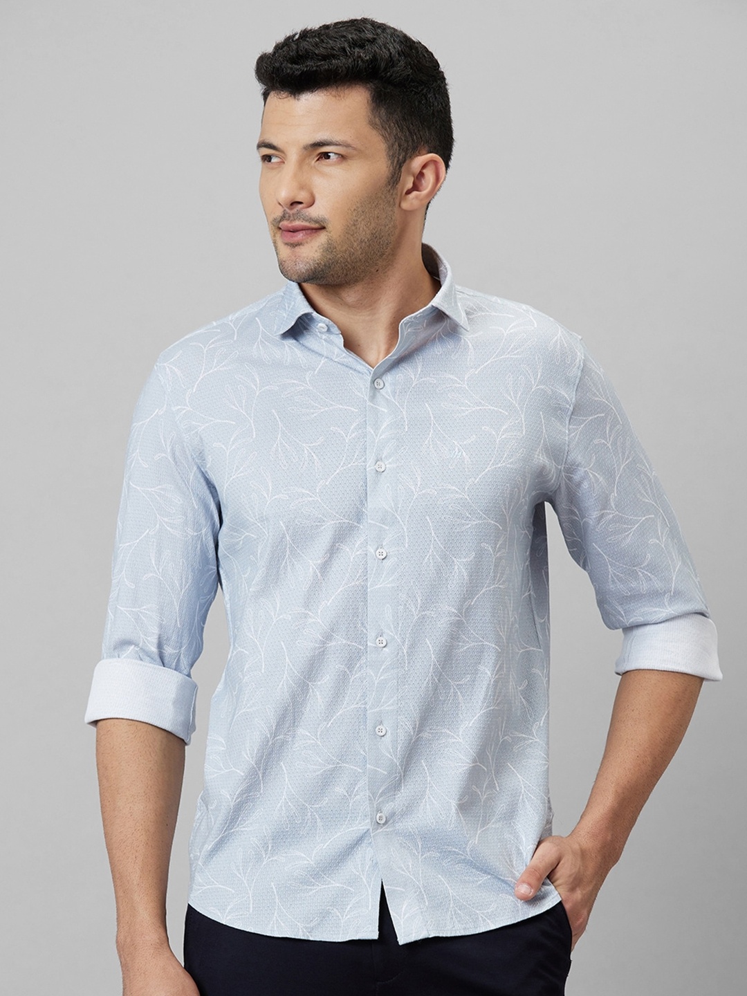 

WHITE HANGER Floral Opaque Printed Cotton Linen Casual Shirt, Blue