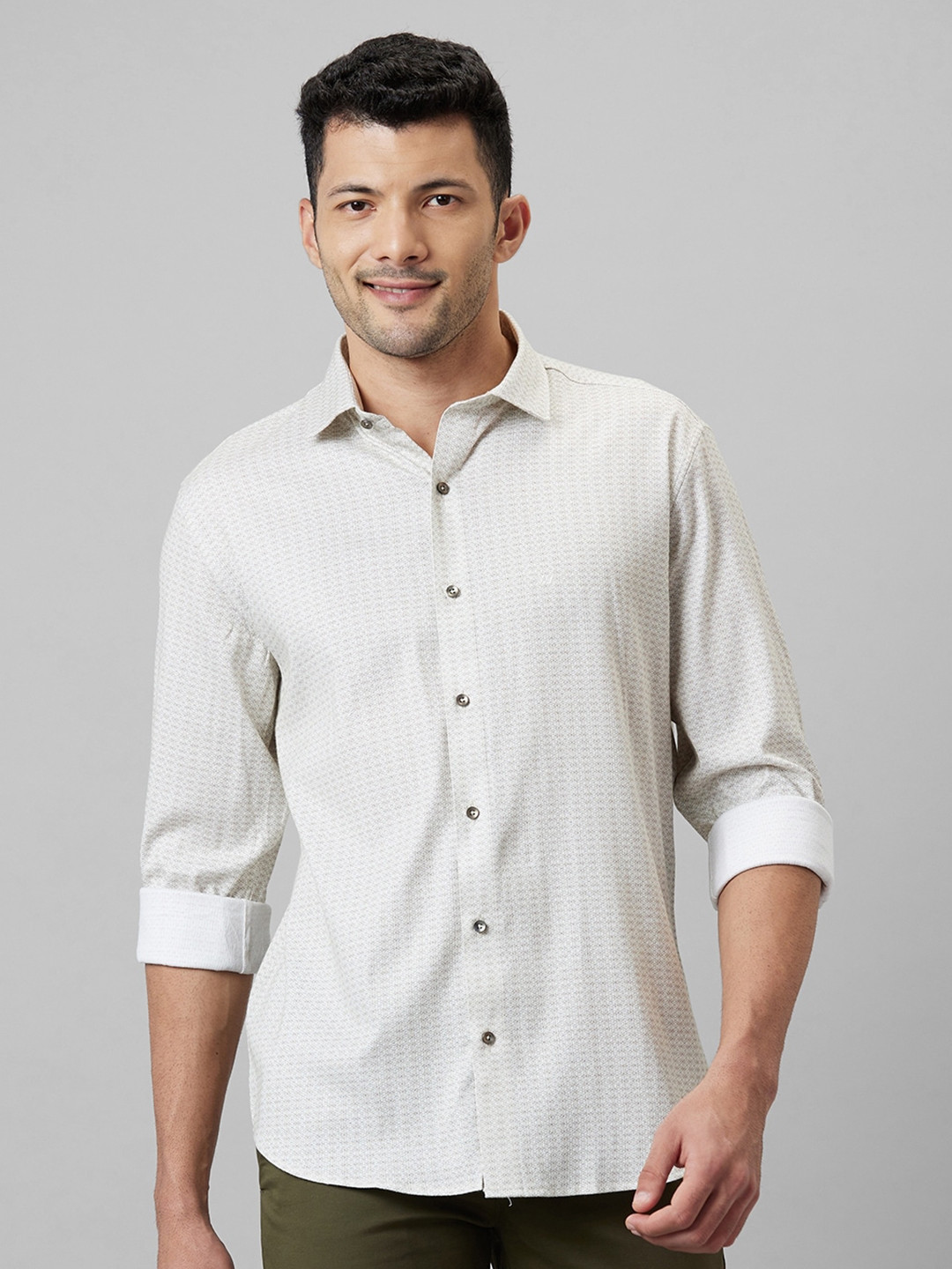 

WHITE HANGER Cotton Linen Geometric Printed Opaque Casual Shirt, Cream