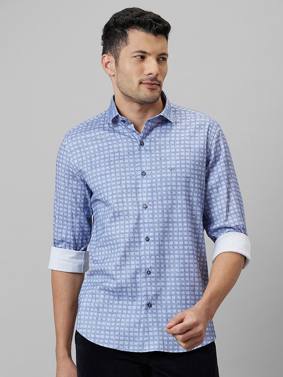 

WHITE HANGER Checked Spread Collar Cotton Linen Shirt, Blue