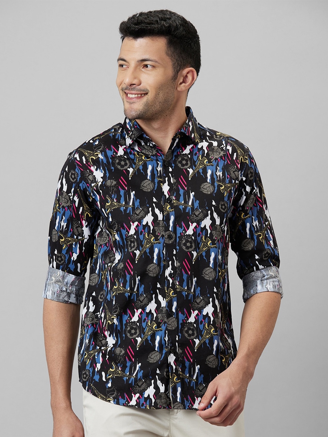 

WHITE HANGER Conversational Printed Spread Collar Cotton Shirt, Black