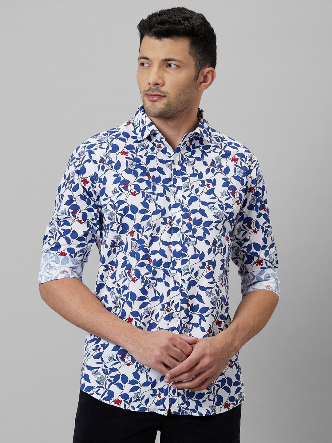

WHITE HANGER Floral Printed Spread Collar Cotton Linen Casual Shirt