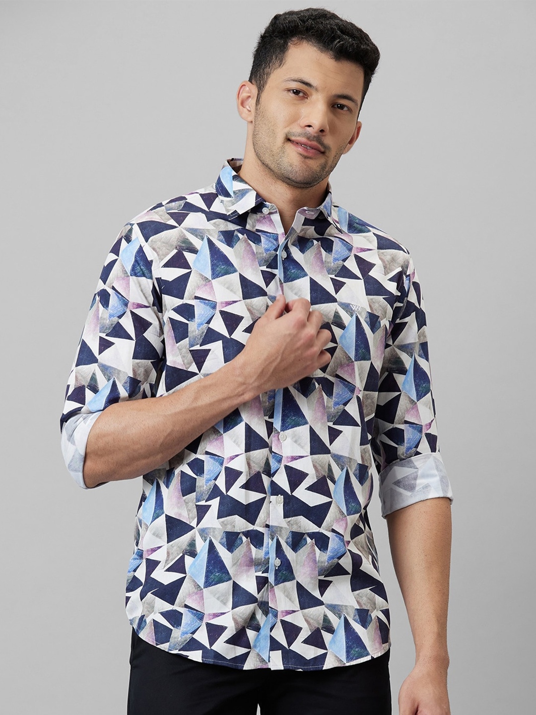 

WHITE HANGER Cotton Linen Geometric Printed Opaque Casual Shirt, Blue