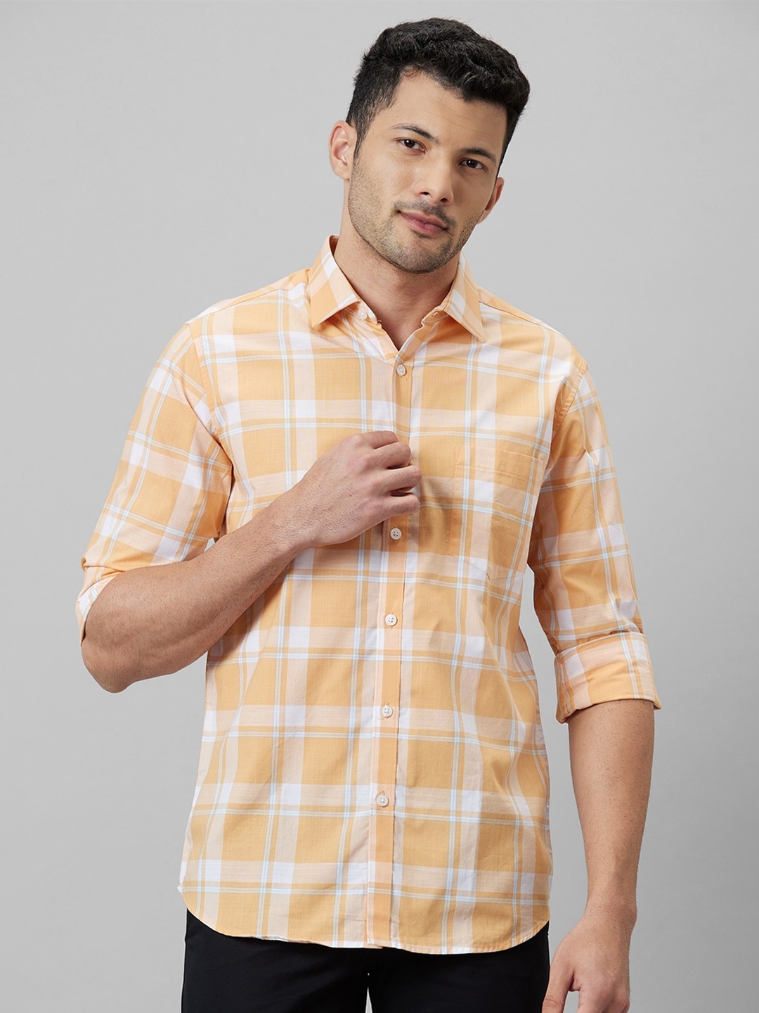 

WHITE HANGER Checked Spread Collar Casual Shirt, Orange