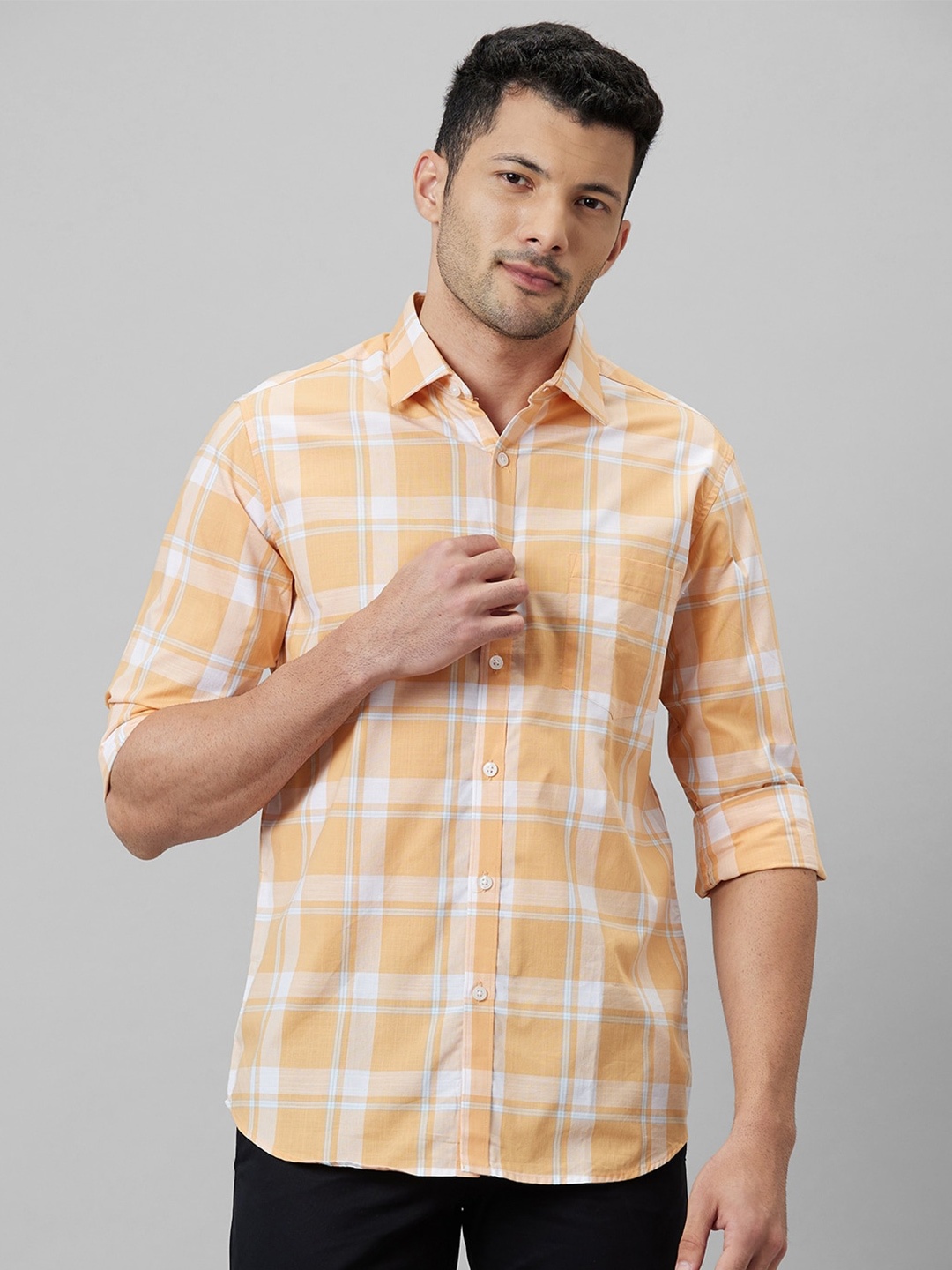 

WHITE HANGER Tartan Checked Spread Collar Cotton Linen Shirt, Orange