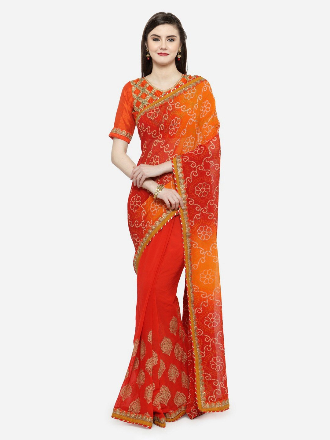 

Shaily Red & Orange Bandhani Printed Ebroidered Pure Georgette Saree