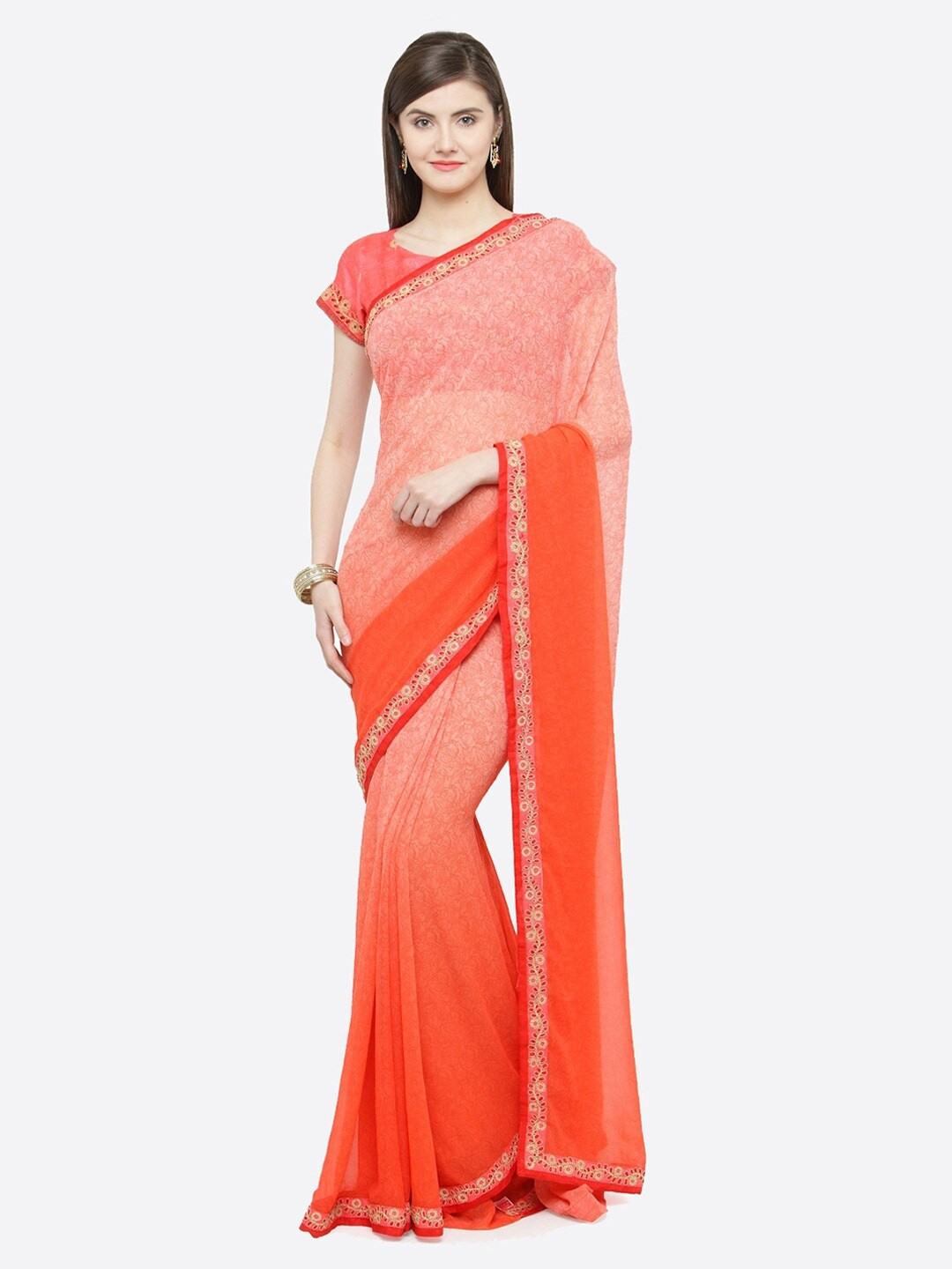 

Shaily Peach-Coloured & Red Floral Embroidered Pure Georgette Saree