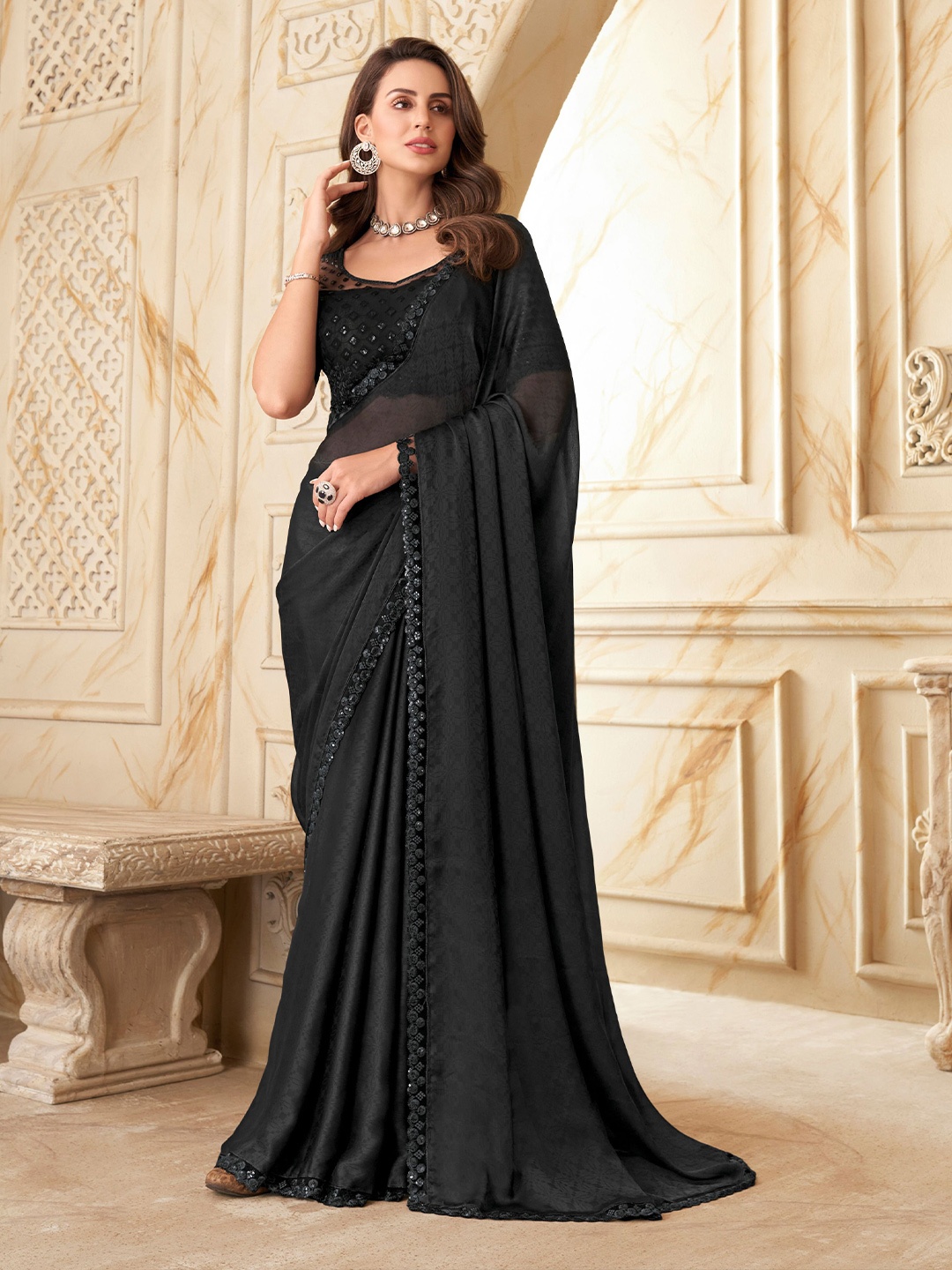 

DIVASTRI Ethnic Motif Printed Sequin Pure Silk Designer Saree, Black