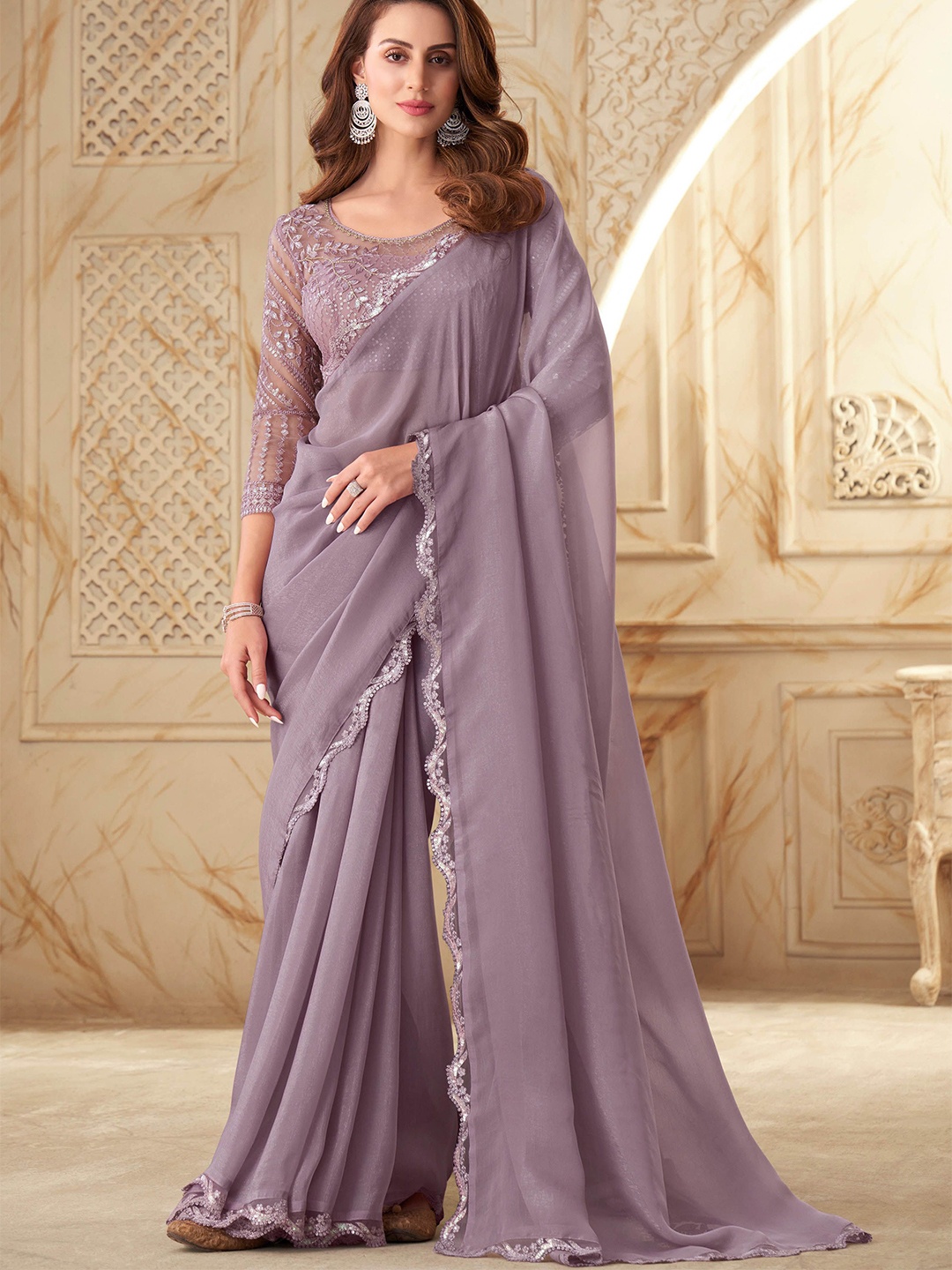 

DIVASTRI Embroidered Sequin Pure Silk Designer Saree, Lavender