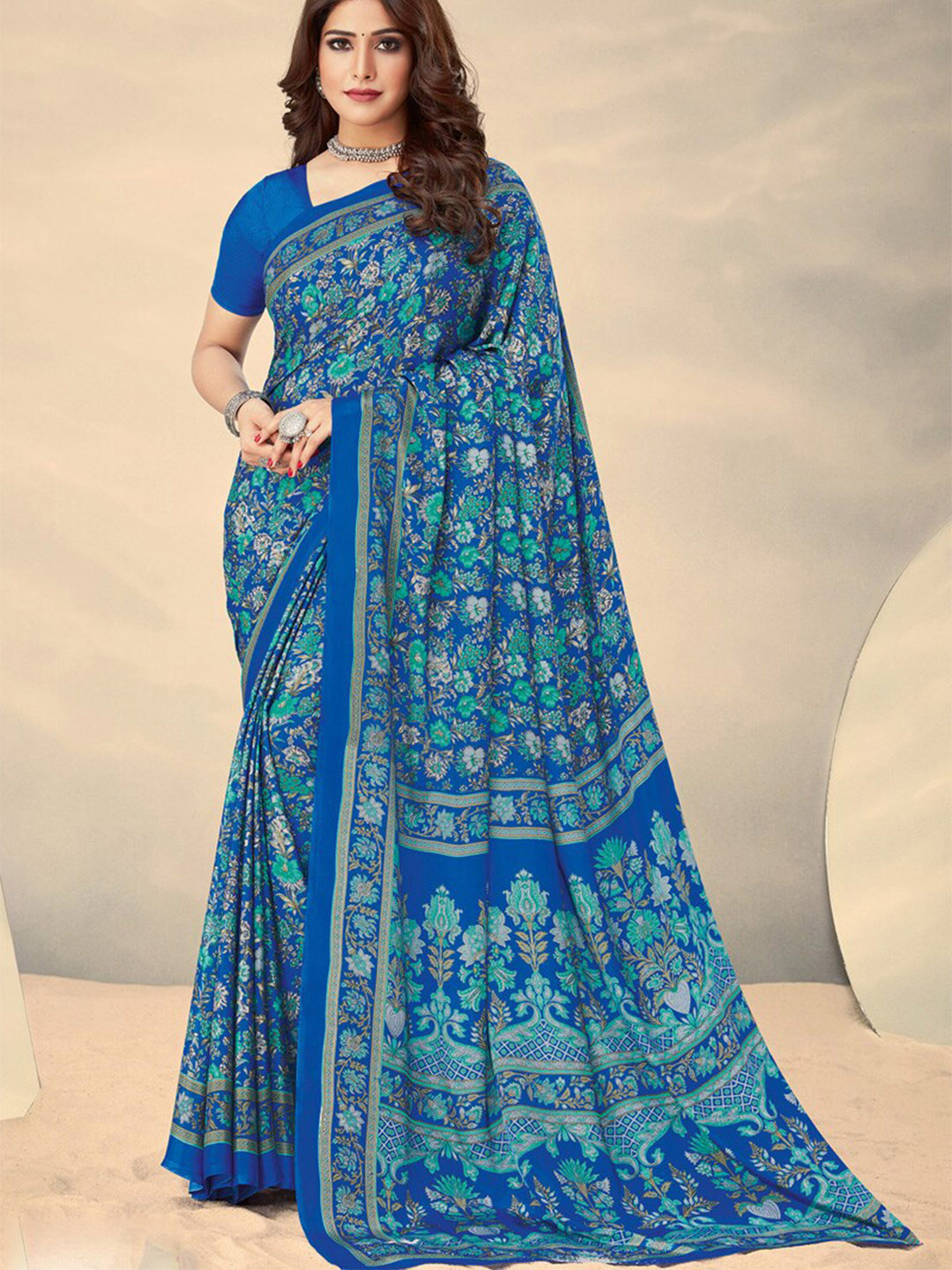 

DIVASTRI Floral Printed Pure Silk Saree With Blouse Piece, Blue